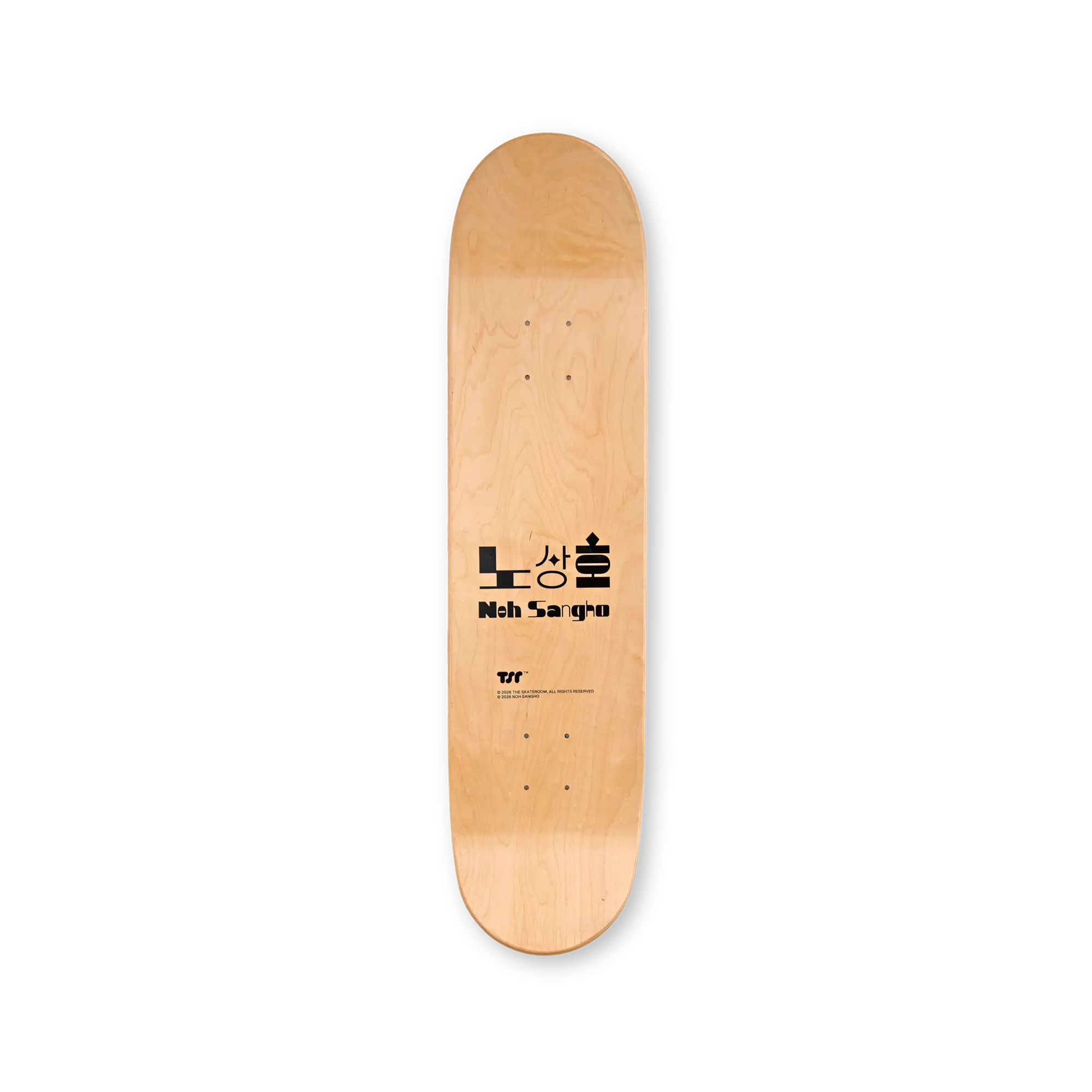 Detail view of the top print finish on a Holy (Saint Elmo) art skateboard by Sangho Noh, showing artwork and deck quality