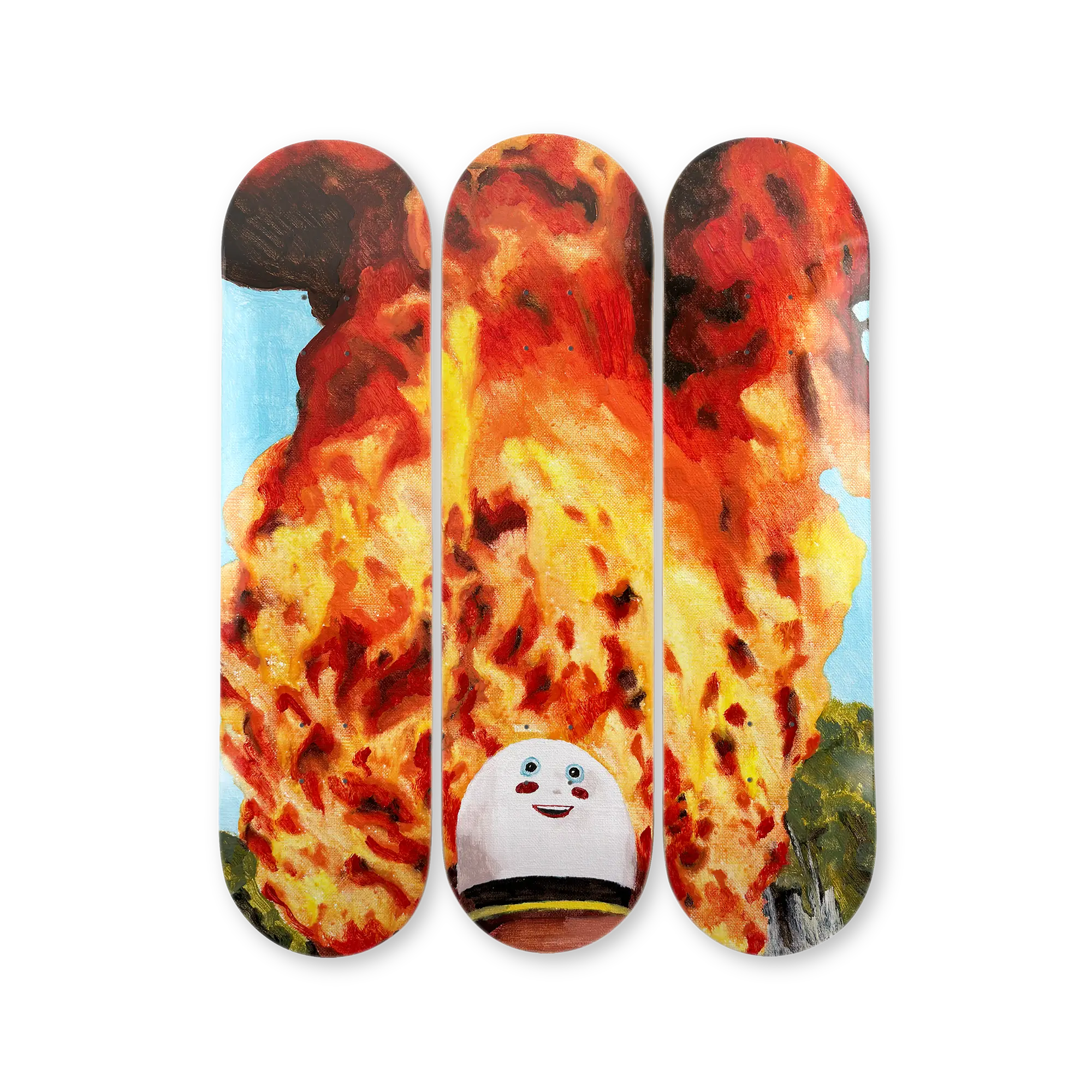Packshot of Holy (Blaze and Amaze), limited edition art skateboard triptych by Korean artist Sangho Noh — HOLY series