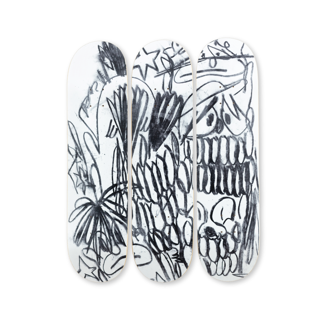 triptych skateboard artwork from artist Olaolu SLAWN in collaboration with THE SKATEROOM