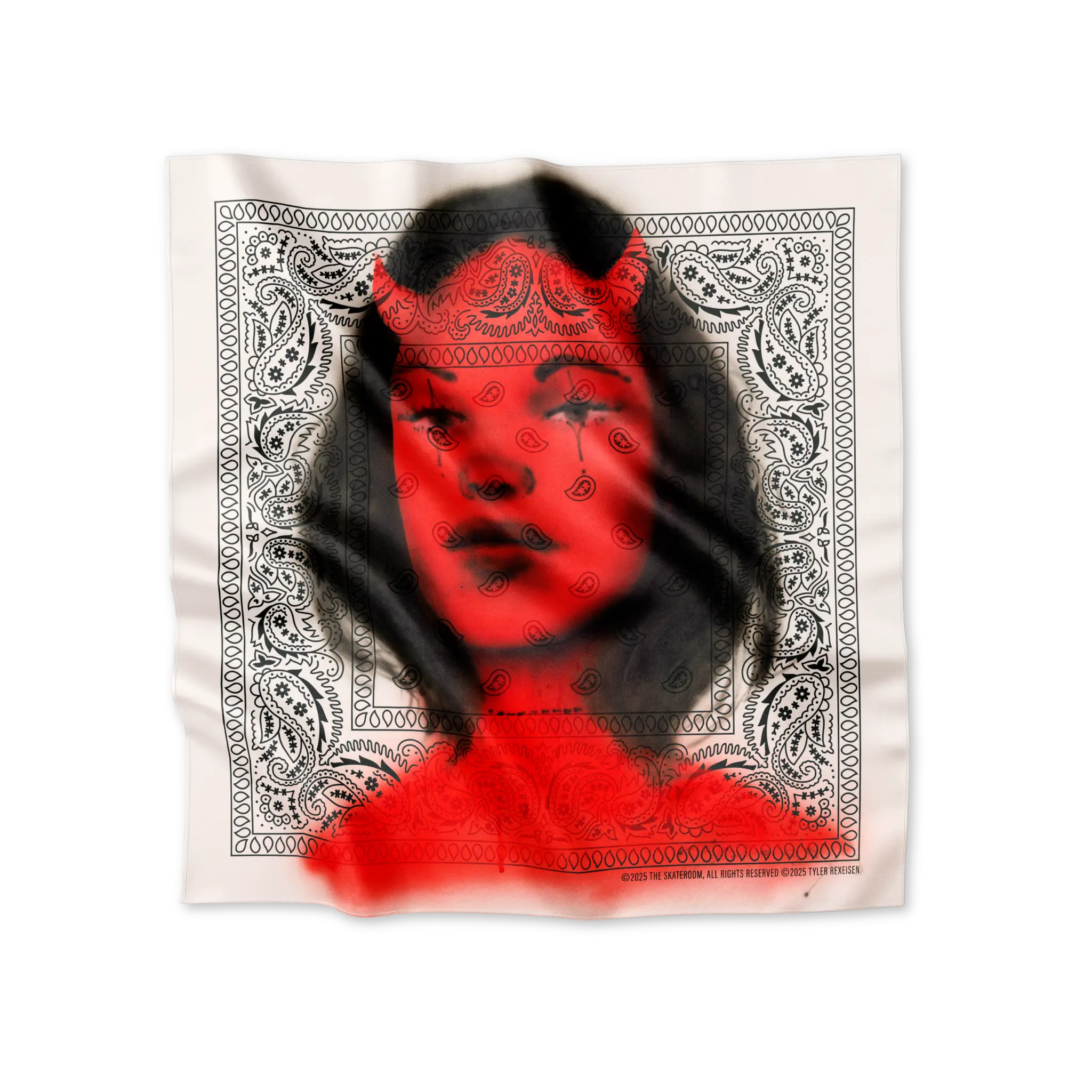Silk scarf featuring T-Rex’s bold ‘Cutthroat’ motif — a raw, graphic embodiment of sharp expression and soft texture.