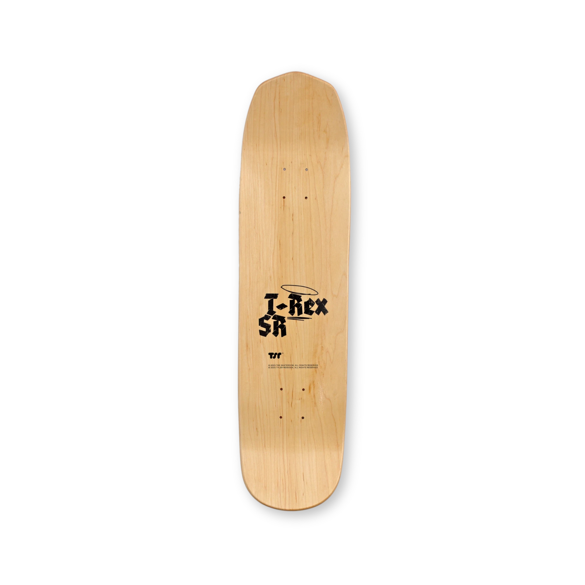 Top-print view of T-Rex’s special shape deck — where balance meets chaos in refined, expressive detail.