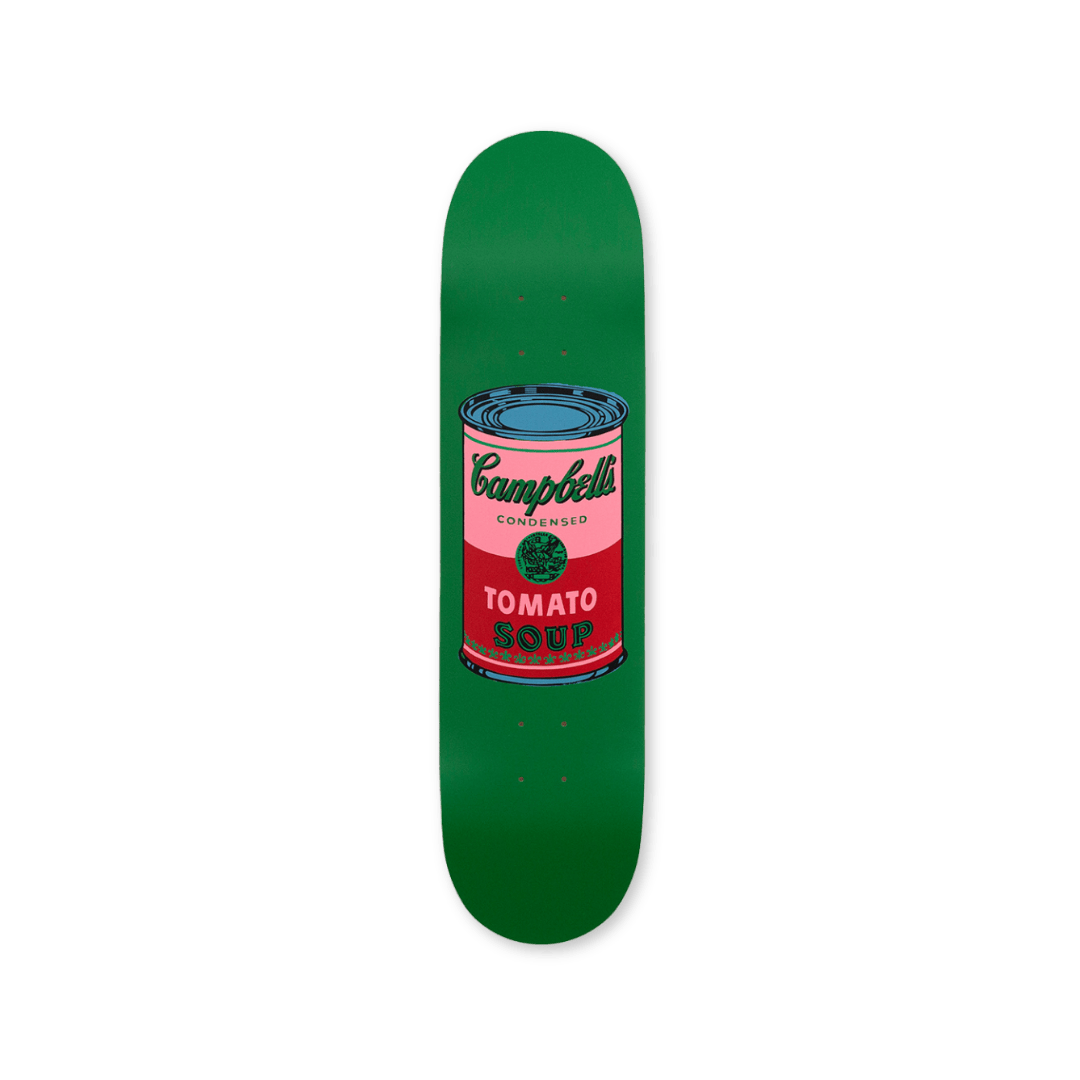 Andy Warhol Campbell's Soup Blood skateboard deck, featuring the iconic pop art soup can design. A collectible art piece perfect for fans of Warhol and contemporary skate culture.